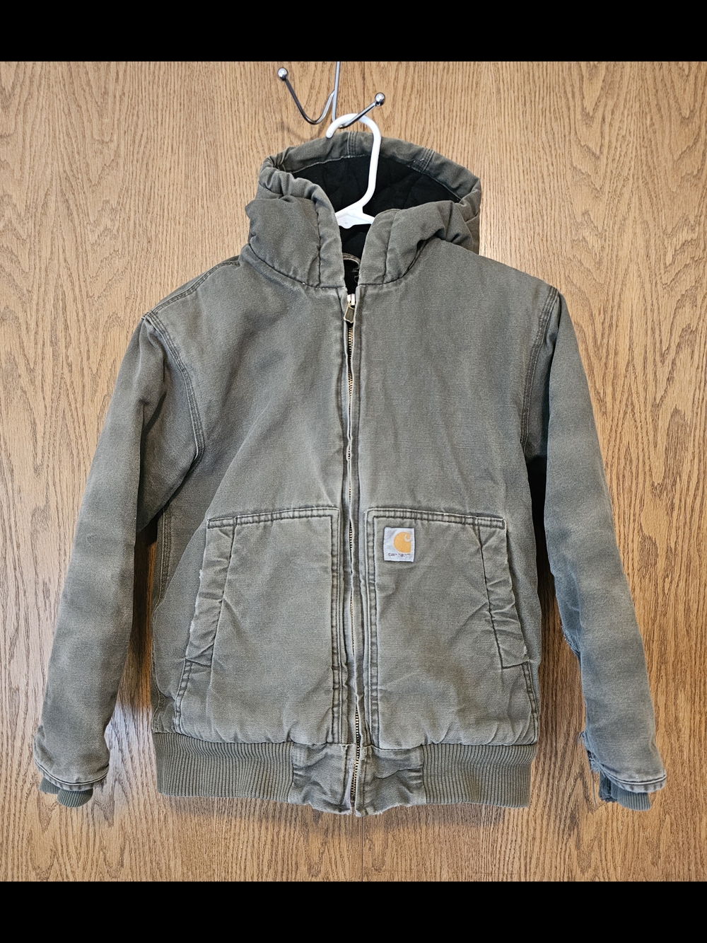 Vintage Worn Carhartt Kids Hooded Work Jacket in Olive Green